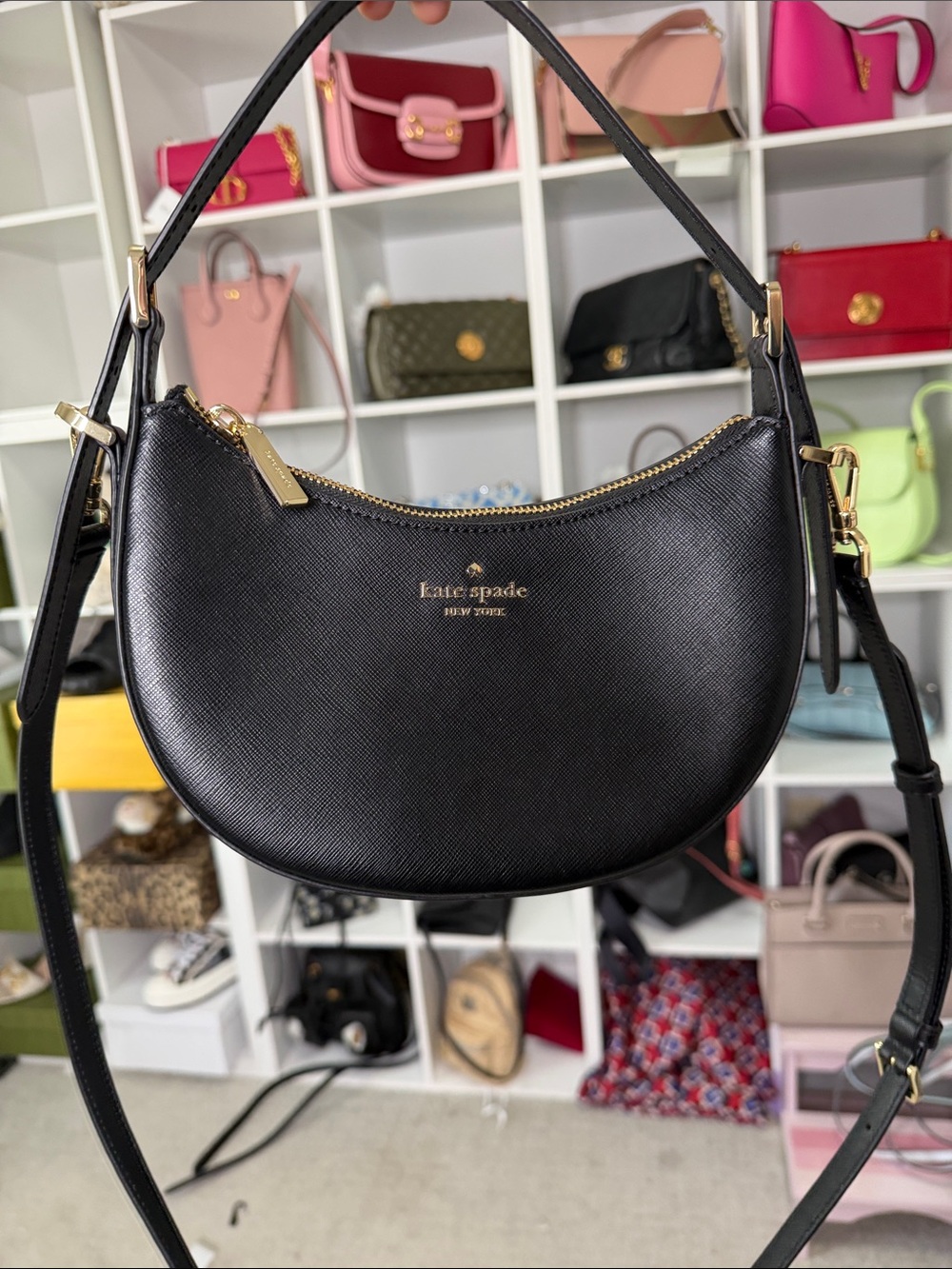 kate spade Black Crescent Saffiano Leather Shoulder Bag with Gold Hardware NWOT